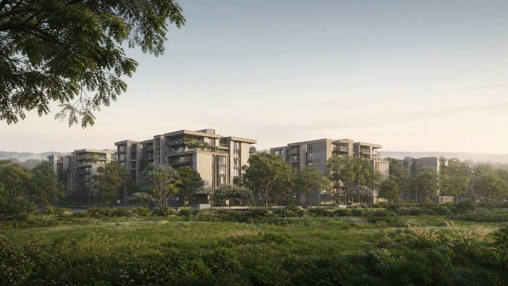 Conceptual low-rise residential setting with mature gardens in Huyilalu