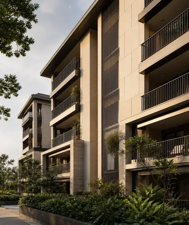A warm-stone facade with deep balconies above a garden