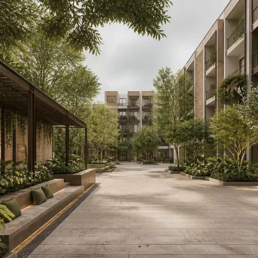 A garden courtyard with a pergola and stone benches