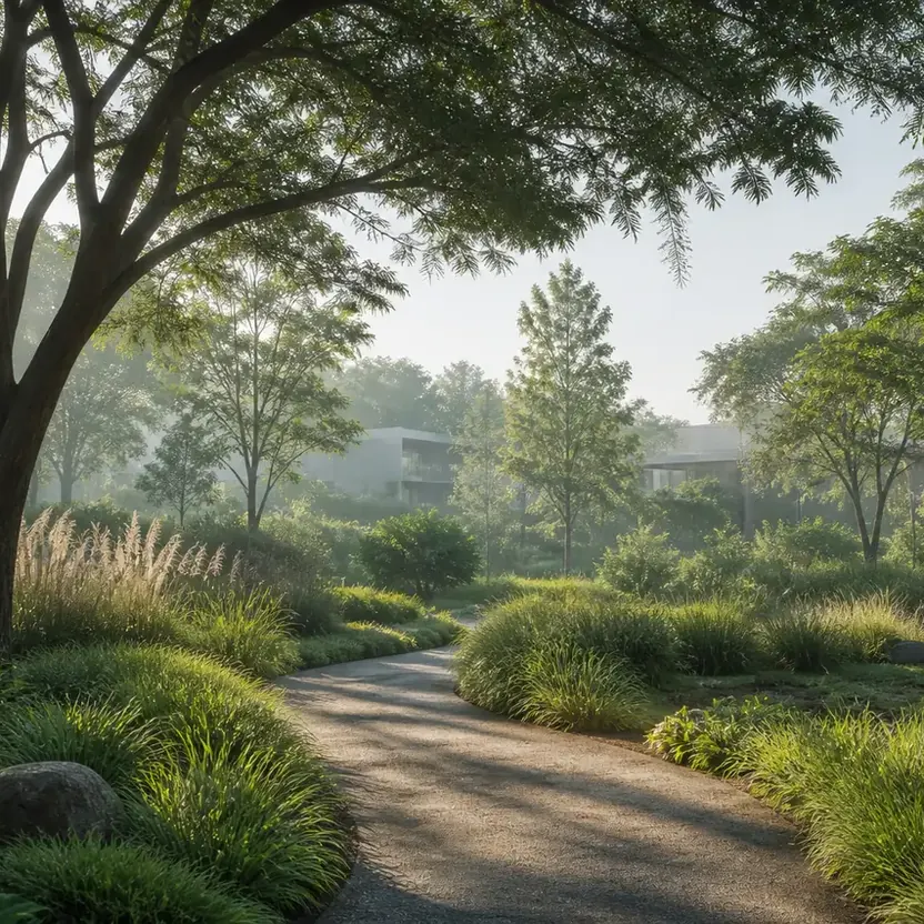 A path through tall grasses and trees