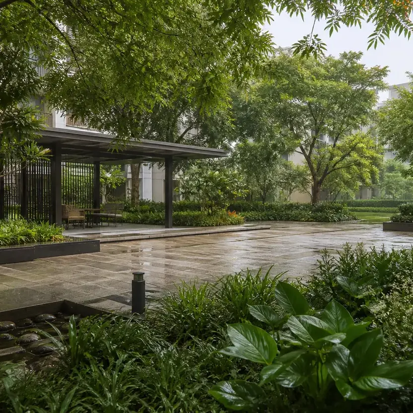 A monsoon garden beside a wet stone court