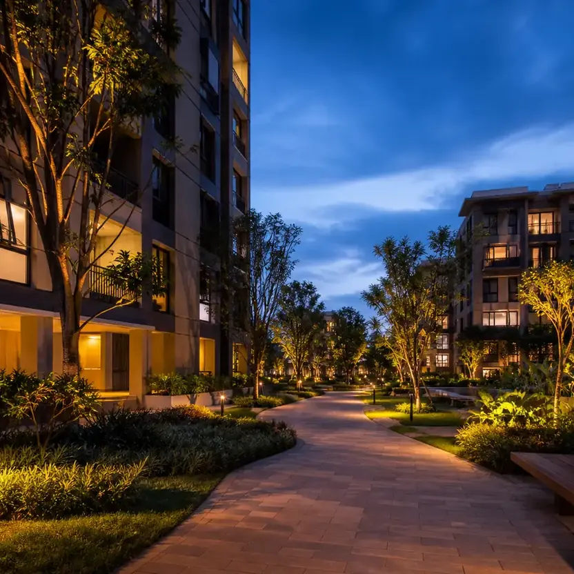 A lit walk between the blocks at evening