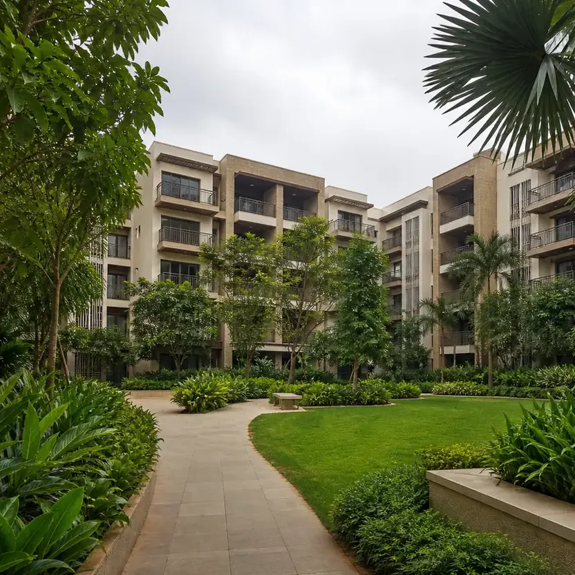 A lawn and garden court between the blocks